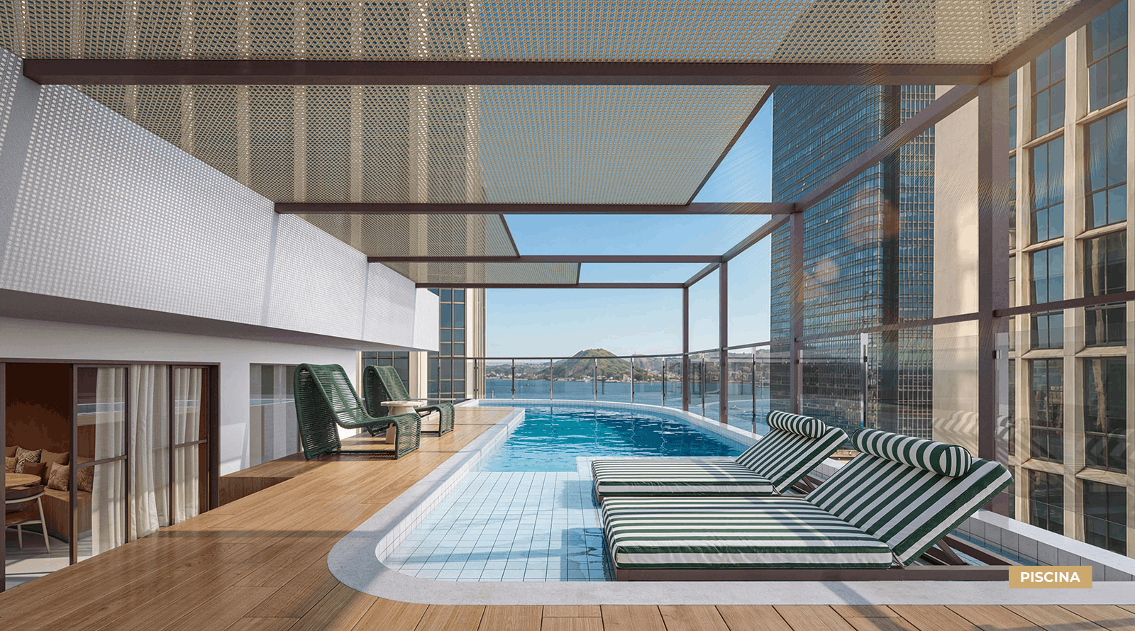 Piscina no rooftop do Se7e Full Week Studios com vista urbana no Centro do Rio
