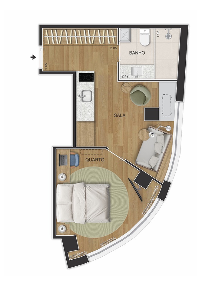 Planta sala quarto do Se7e Full Week Studios com 33,36 metros quadrados