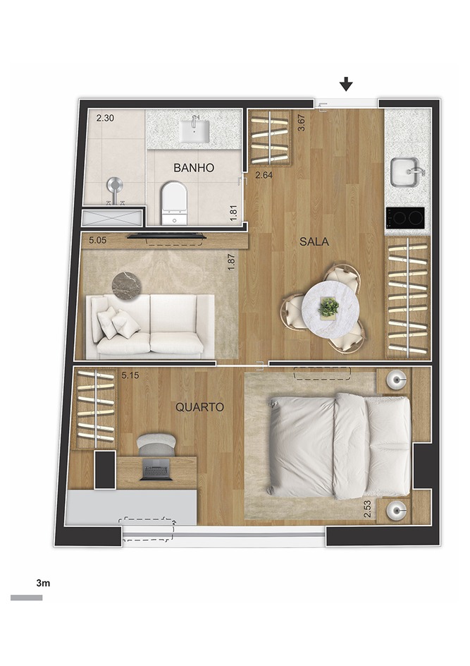 Planta de studio amplo do Se7e Full Week Studios no Centro do Rio